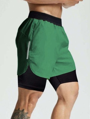 CULISH Color Block Men Green Sports Shorts, Gym Shorts