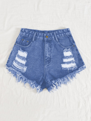 Aahwan Solid Women Denim Blue Denim Shorts