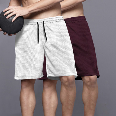 TRIPR Solid Men White, Maroon Regular Shorts