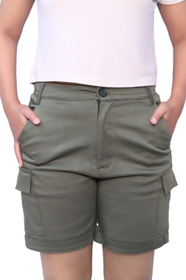 Padinam Solid Women Denim Green Cargo Shorts
