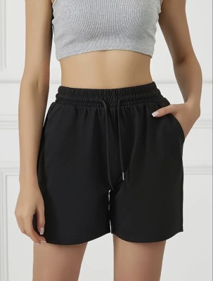 PERFETTE WOLLO Solid Women Black High Waist Shorts, Regular Shorts, Casual Shorts, Basic Shorts, Gym Shorts