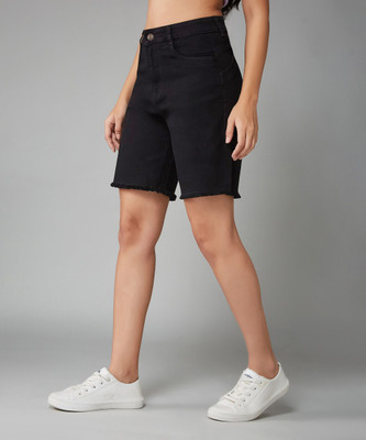 DOLCE CRUDO Solid Women Denim Black Denim Shorts