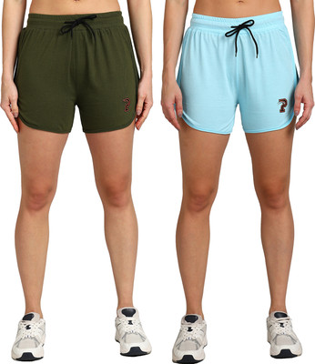 Paavki Solid Women Dark Green, Light Blue Regular Shorts