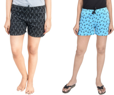 HouseOfCommon Printed Women Light Blue, Black Beach Shorts, Night Shorts, Regular Shorts, Running Shorts, Cycling Shorts