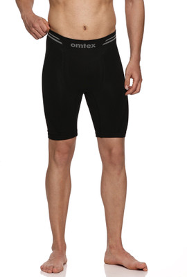 omtex Solid Men Black Compression Shorts