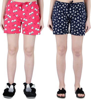 HouseOfCommon Printed Women Red, Dark Blue Regular Shorts, Night Shorts, Cycling Shorts, Casual Shorts, Beach Shorts