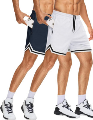 Velure clothing Solid, Striped Men Dark Blue, White Gym Shorts, Sports Shorts