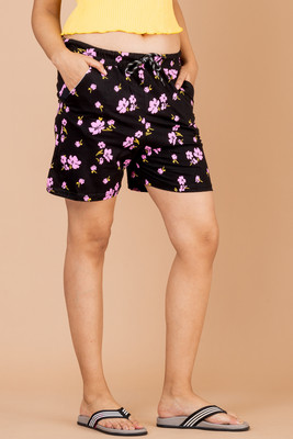 POWERmerc Printed Women Black Regular Shorts