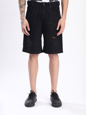 Bene Kleed Distressed Men Black Denim Shorts