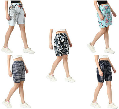 Indistar Printed Women Gold, Beige, Dark Blue Regular Shorts
