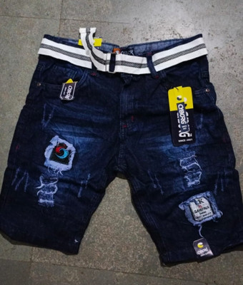 HYOOOOOO Printed Men Denim Dark Blue Denim Shorts
