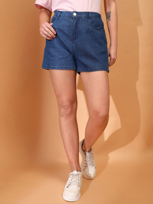 TALES & STORIES Solid Women Blue Denim Shorts