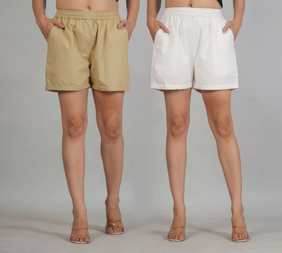 VENITYWAVE Solid Women Beige, White Casual Shorts