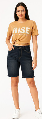 Naazikah Solid Women Denim Dark Blue Casual Shorts