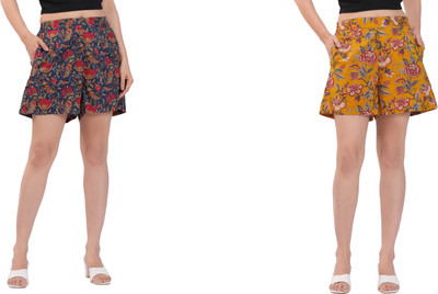 Aanvikurti Printed Women Dark Blue, Yellow Regular Shorts
