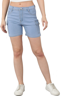 F2M Solid Women Denim Light Blue Denim Shorts