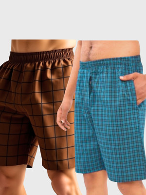 URBANICE Checkered Men Blue, Brown Basic Shorts