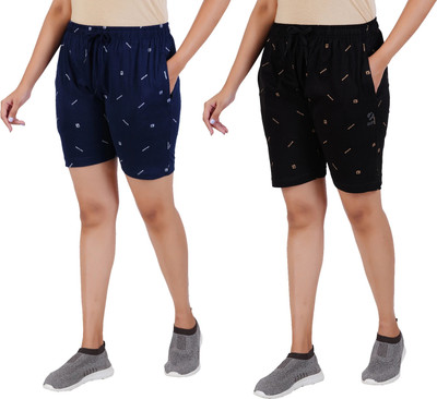 Guide Printed Women Black, Dark Blue Regular Shorts