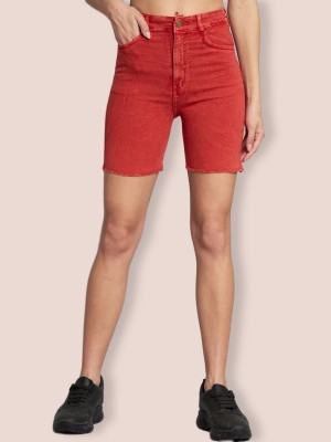 GUTI Self Design Women Red Denim Shorts