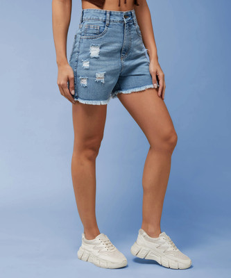 Miss Chase Solid Women Denim Blue Bermuda Shorts
