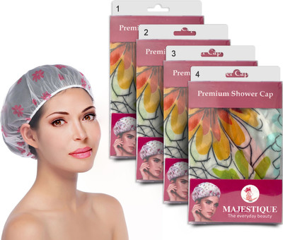 MAJESTIQUE Shower Cap Ideal for All Hair Lengths and Thicknesses -Multicolor - Pack of 4