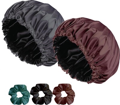 Avirons Satin head cap for sleeping with 3 Scrunchies | Bonnet for Girls/Women Hair Accessory Set(Grey, Black)