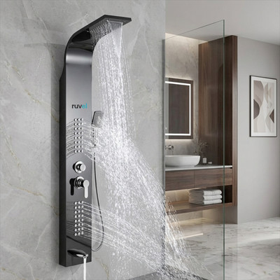 RUVEL Shower Panel - Wavera with Waterfall Shower, Massage Jet, 5 Water Functions With Top Rainfall Water Outlet, Waterfall Outlet(Stainless Steel)