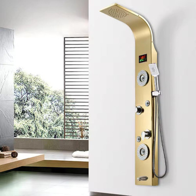 Bzcarts PVD Gold LED Thermostatic 5-in-1 Wall-Mounted Shower Panel with Mixer, Body Jet Wall Mounted Shower Panel with Mixer, Massage Jets & Handheld Shower Rainfall & Waterfall Overhead Shower | Multi-Mode Hand Shower Included(Seasoned Bronze)