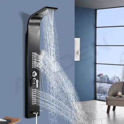 FOURVIEW Black Thermostatic 5-in-1 Shower Panel Tower Wall Mounted Luxury Shower Panel with Mixer, Massage Jets & Handheld Shower Rainfall & Waterfall Overhead Shower | Multi-Mode Hand Shower Included(Stainless Steel)