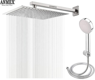 ANMEX COMBO of SS304 UltraSlim High Pressure Rainfall Shower Head With Shower Fit Arm HandShower (ABS),SS304 1.5mtr Tube And Hook 8X8+24Inch Arm+HandShower Set)(Stainless Steel, Chrome)