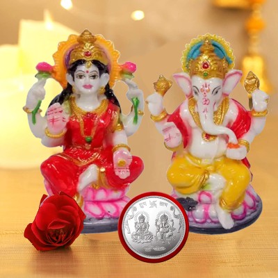 NOKTUS Multicolor Laxmi-Ganesh Statue (Ganesh Laxmi Silver Puja Coin) Diwali Puja&Gift Decorative Showpiece  -  12 cm(Polyresin, Multicolor)