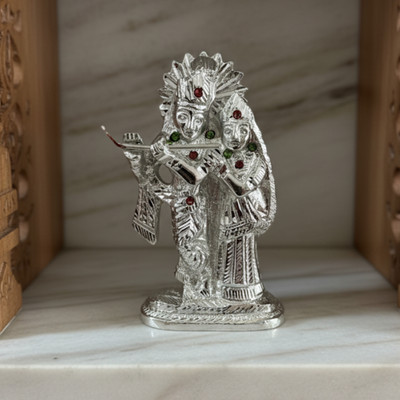 CLEEVORA German silver Radha Krishna Idol Statue Decorative Mandir Figurine Pooja temple Decorative Showpiece  -  14 cm(Silver, Grey)