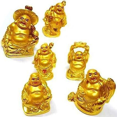 ASTROTALKS Feng Shui Happy Man Laughing Buddha 6 Different Poses Set Gift/God/ & Good Luck Decorative Showpiece  -  8 cm(Resin, Gold)