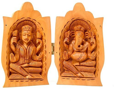 Vasu Creation Namaste Wooden Ganesh Laxmi God Idol showpiece Decorative Showpiece  -  10 cm(Wood, Brown)