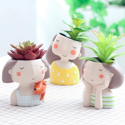 Digital Comm Set Of 3 Quiet,Thinking & Girl With Squirrel Planter(Without Plant) Decorative Showpiece  -  9 cm(Resin, Multicolor)