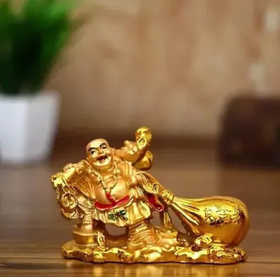 Global Reach Feng Shui Laughing Buddha with Money Potli for Health & Good Luck to your Home Decorative Showpiece  -  7.62 cm(Polyresin, Gold)