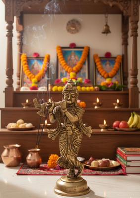 kalpa vraksha Premium Brass Krishna Idol with Bansuri Decorative Showpiece  -  18 cm(Brass, Gold)