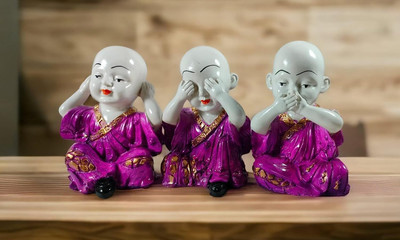 Hanu Collections Export Quality Laughing 3 Buddha Monk Marble dust Showpiece for Table Top Decorative Showpiece  -  14 cm(Polyresin, Purple)