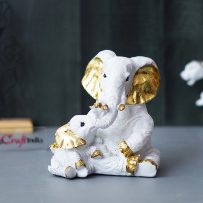 eCraftIndia White Polyresin Small Elephant Family Mom and Baby Statue Animal Figurine Decorative Showpiece  -  15 cm(Polyresin, Multicolor)