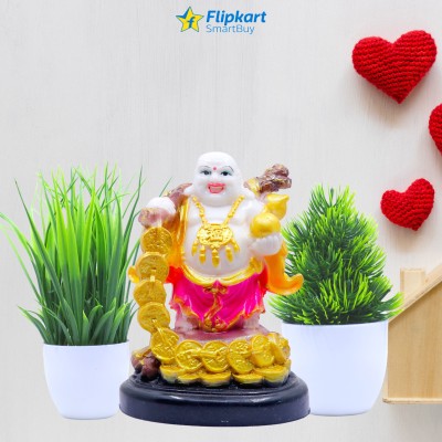 Flipkart SmartBuy Laughing Buddha with artificial plant Wealth for Money Success and Happpiness Decorative Showpiece  -  7 cm(Marble, Polyresin, Yellow)