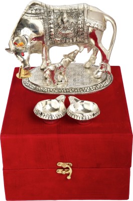 GIFTCITY Metal Silver Kamdhenu Cow With Calf And 2 Piece Diya Pack of 1 Decorative Showpiece  -  16 cm(Metal, Silver Plated, Silver)