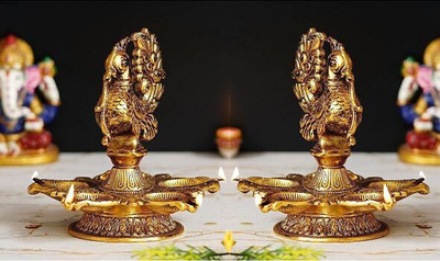 Voltstar Peacock with 5 Diyas statue idol Mor 5 diya idol silver Plated Table Diya Decorative Showpiece  -  15 cm(Metal, Gold)