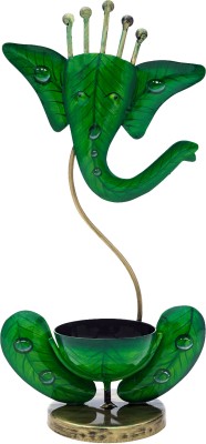 GOLDEN PEACOCK Green Handcrafted & Hand-Painted Ganesha Tea Light Candle Holder Showpiece Decorative Showpiece  -  33 cm(Metal, Green, Black)