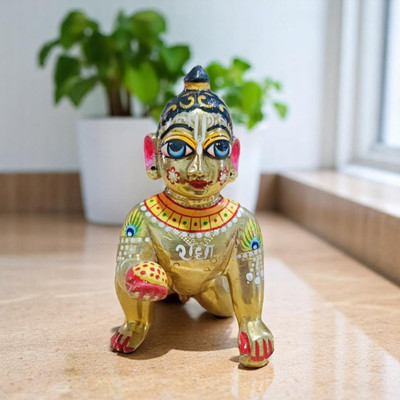 SJL Krishna Statue Murti Idol Sculpture|Makhan Chor Laddoo Gopal Baby Decorative Showpiece  -  14 cm(Brass, Gold)