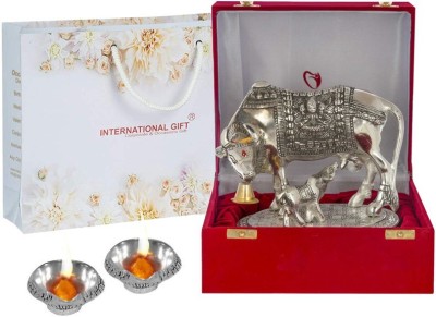 INTERNATIONAL GIFT Silver Kamdhenu Cow Oxidized Finish With 2 Pics Designer Diya Decorative Showpiece  -  7 cm(Aluminium, Silver)