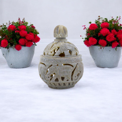 Natriel Elegant Soapstone T-Light Holder Elephant Carvings A Thoughtful Gift Loved Ones Decorative Showpiece  -  12 cm(Stone, White)