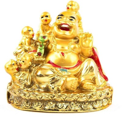 REVASHREEE CRAFT WORLD Reiki Polyresin Crystal Laughing Buddha with 5 Children for Wealth and Success Decorative Showpiece (6 cm, Gold) Decorative Showpiece  -  6 cm(Polyresin, Gold)