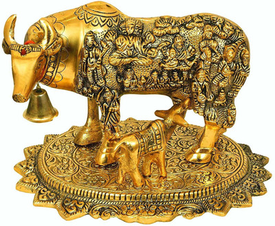 SBBCO Divine Edge Mini Kamdhenu Cow & Calf Idol Decorative Showpiece  -  18 cm(Metal, Gold)