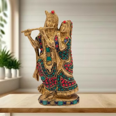 BrassAura Gem Stone Work Radha Krishna Bhagwan Murti Kishan Kanhaiya with Flute 1.5 Kg Decorative Showpiece  -  20 cm(Brass, Multicolor)