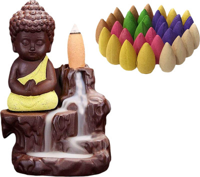 Starpion Buddha Backflow Incense Holder with 10 Scented Backflow Cone Incenses Decorative Showpiece  -  11 cm(Polyresin, Yellow)